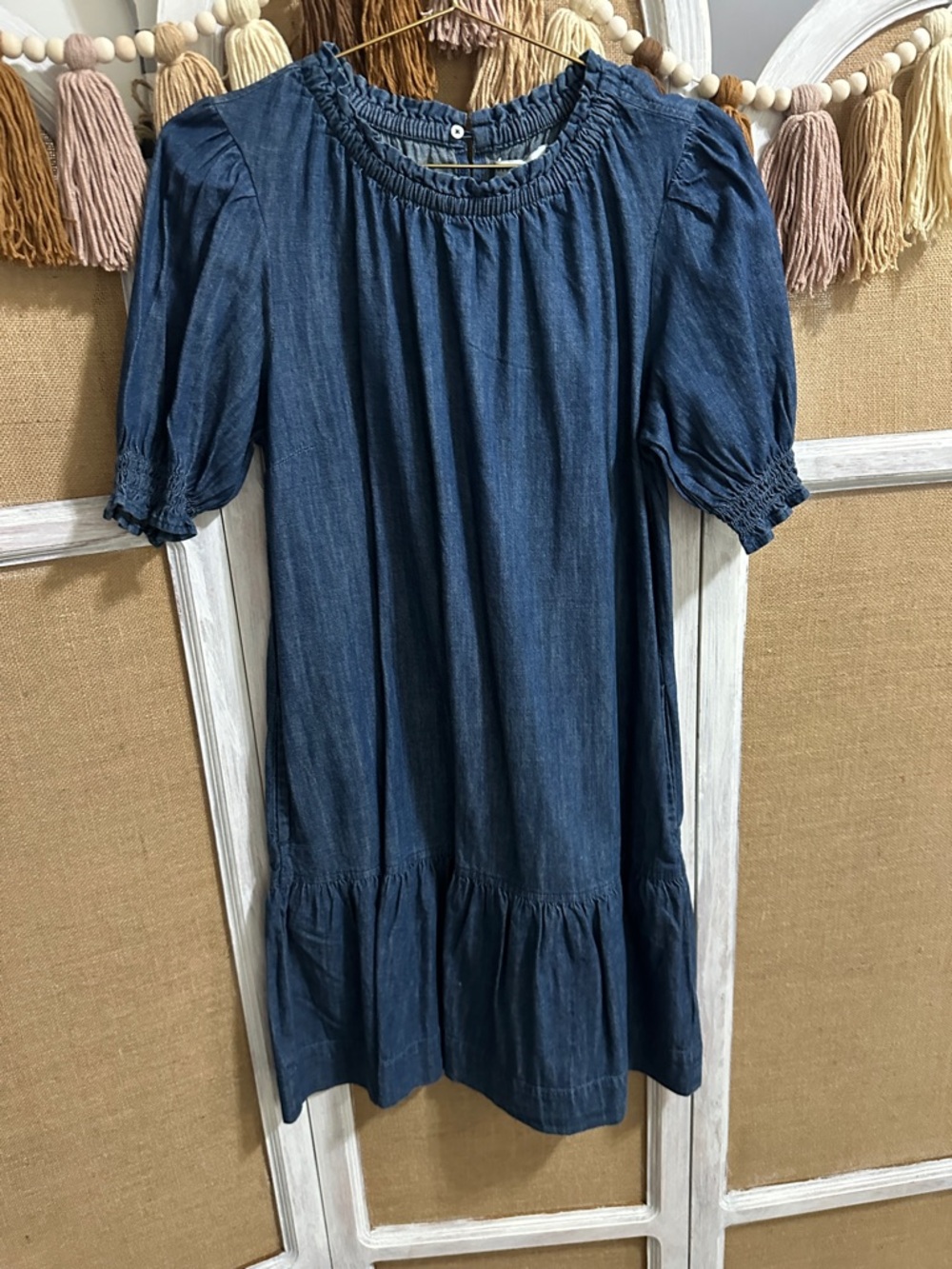 Denim Blue Puff-Sleeve Tiered Dress